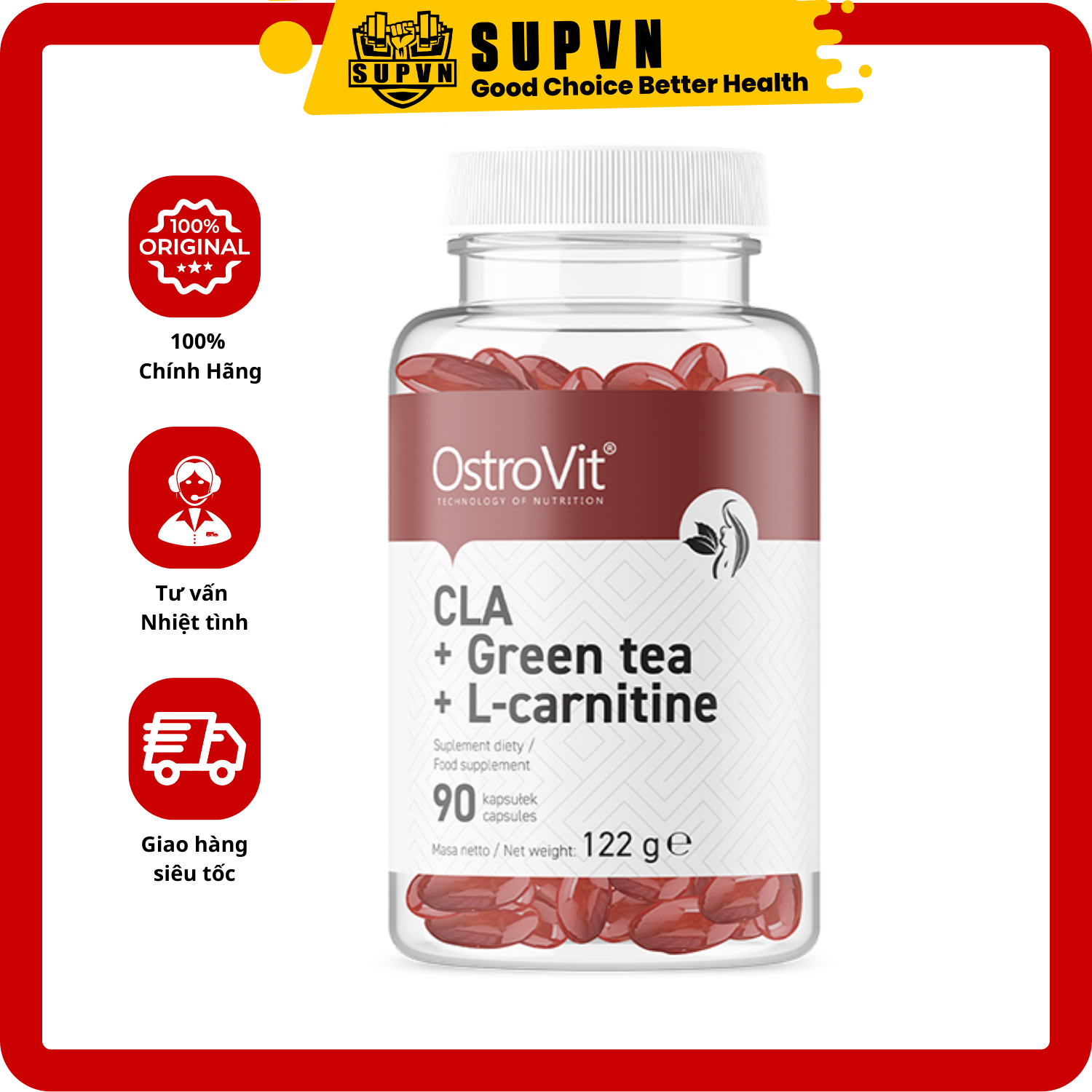 Viên đốt mỡ giảm cân Ostrovit Cla + Green Tea + L-carnitine (90 viên) - Hỗ trợ giảm mỡ trong tập gym