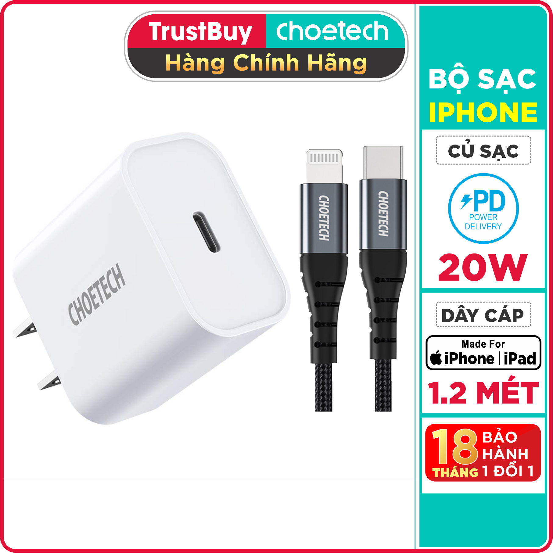 Bộ Củ Sạc CHOETECH PD 3.0 20W PD5005-W Và Cáp Type-C To Lightning MFI Apple 1.2M IP0039 Sạc Nhanh 20W cho iPhone, cho iPad - Hàng Chính Hãng