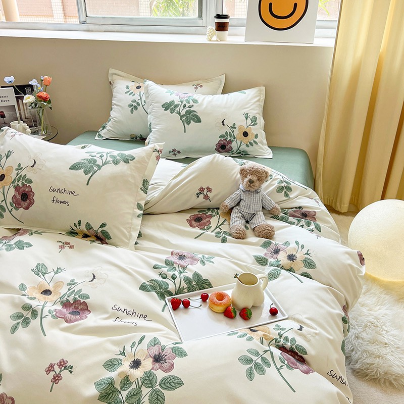 Bộ 4 món ga gối và vỏ chăn Cotton Poly Nhập Khẩu mẫu Hoa mười giờ