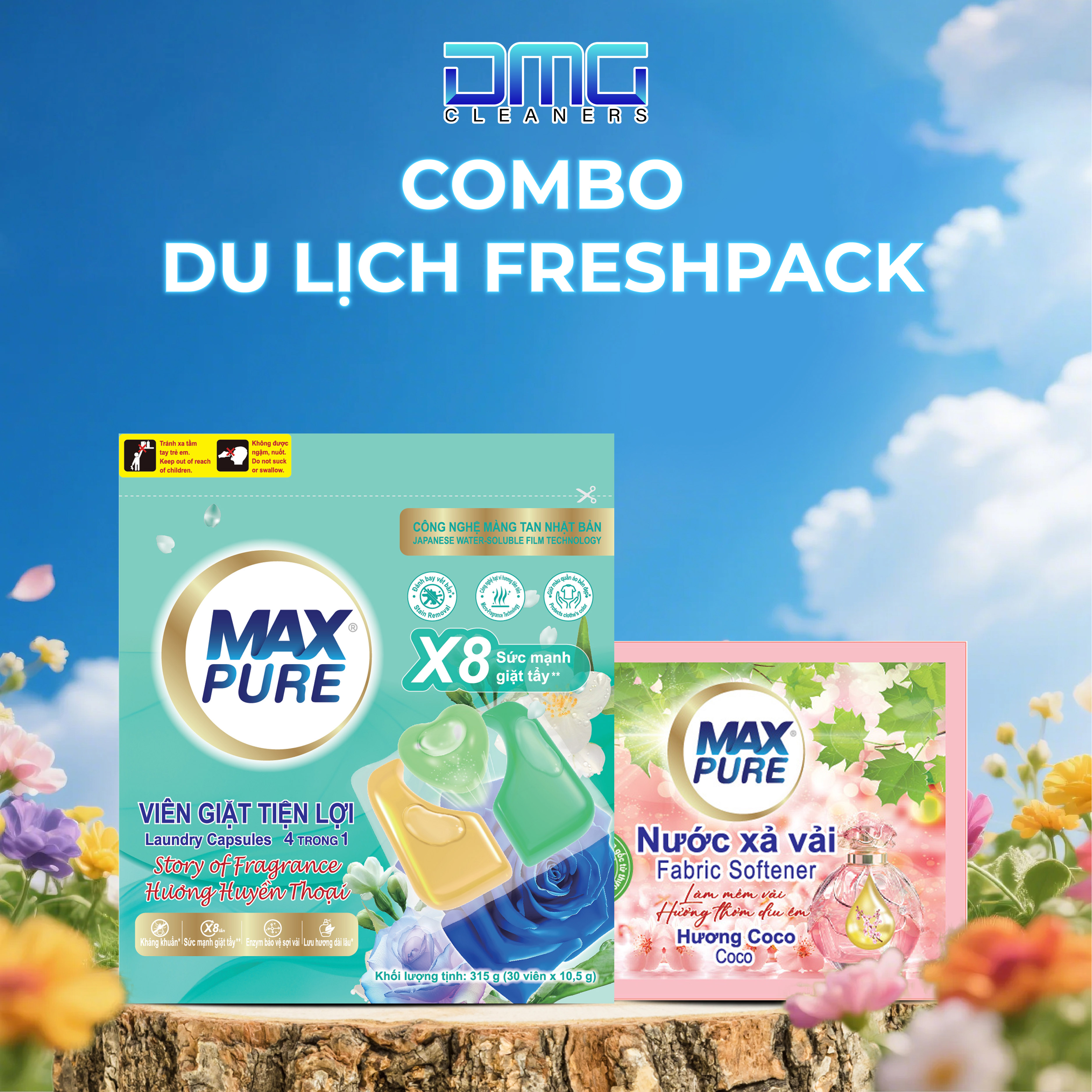 Combo Du Lịch FreshPack Maxpure Gồm Túi Viên Giặt 4in1 (Huyền Thoại) + Dây Nước Xả 10 Gói (Thư Thái) Hương Thơm Thư Giãn