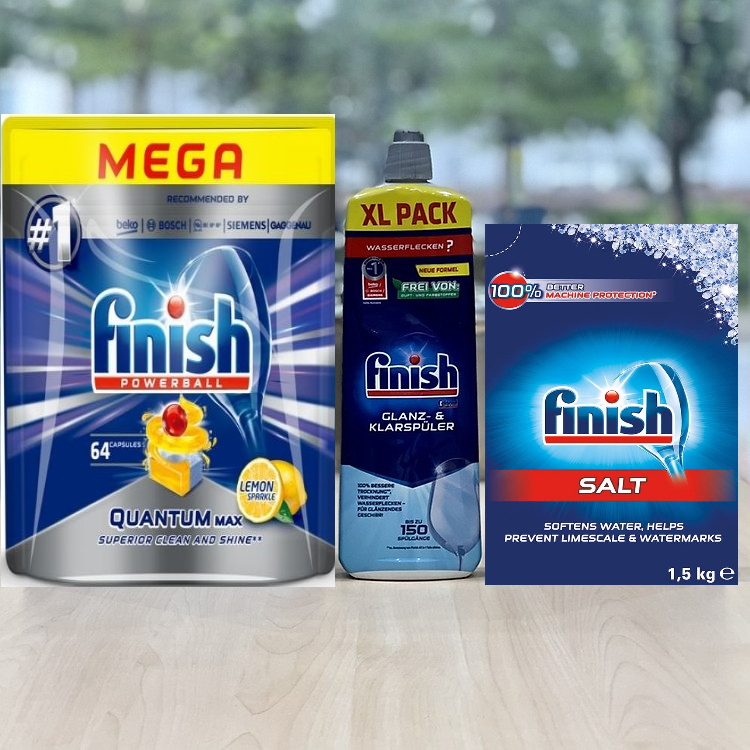 Combo Viên rửa bát Finish quantum 64 V + Muối Finish 1.5kg + Bóng finish 750ml