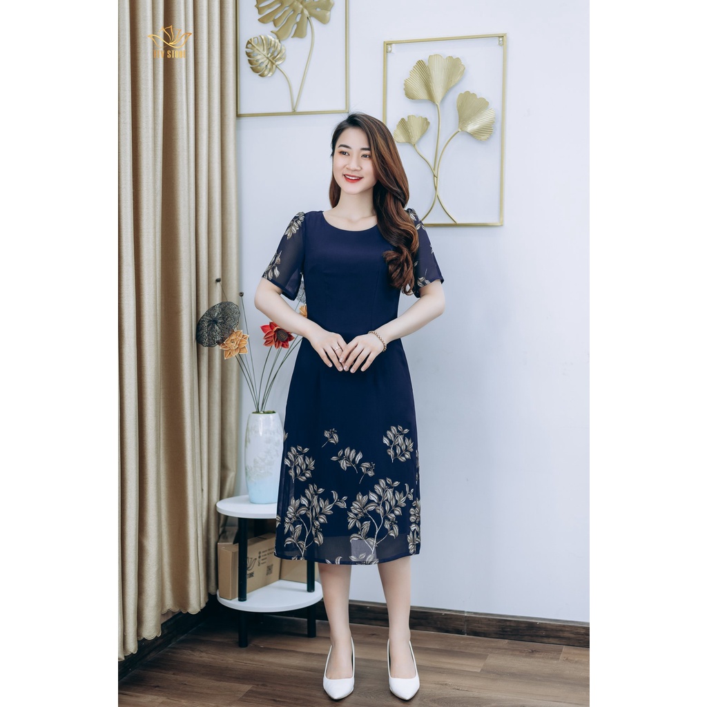 Đầm suông thiết kế trung niên cao cấp sang trọng Cổ tròn tay ngắn màu Xanh hoa TTV STORE TTV1261