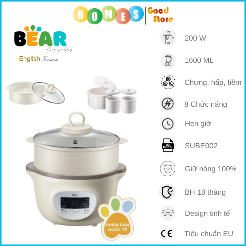 Nồi Chưng Yến, Nồi Tiềm Thuốc Bắc, Nồi Nấu Chậm BEAR SUBE002 Dung Tích 1.6 Lít, Công Suất 270 W - Hàng Chính Hãng