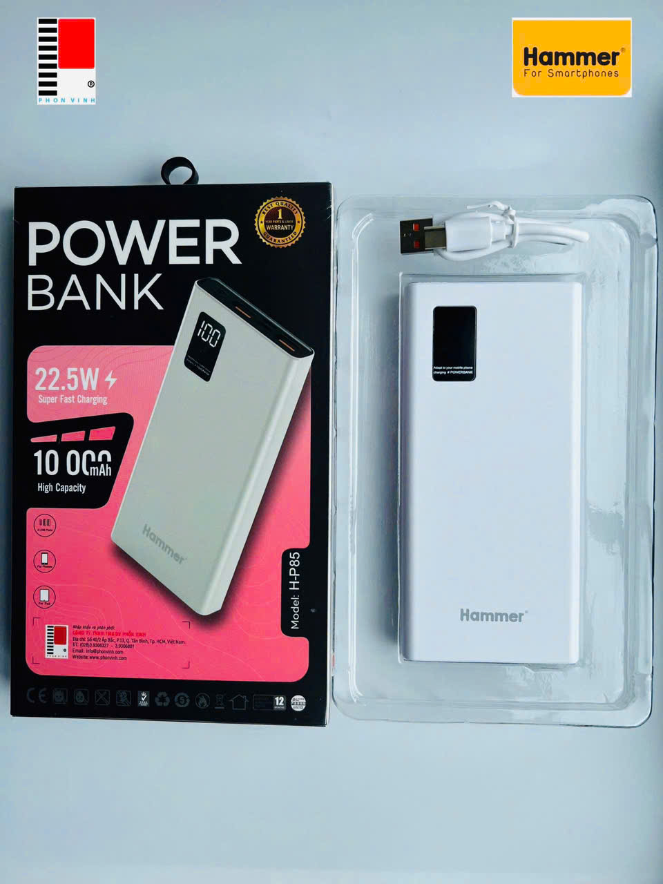 Sạc dự phòng Ham mer H-P85 22.5W - 10.000mAh, Kim Ánh cam kết hàng chính hãng bảo hành 12 tháng