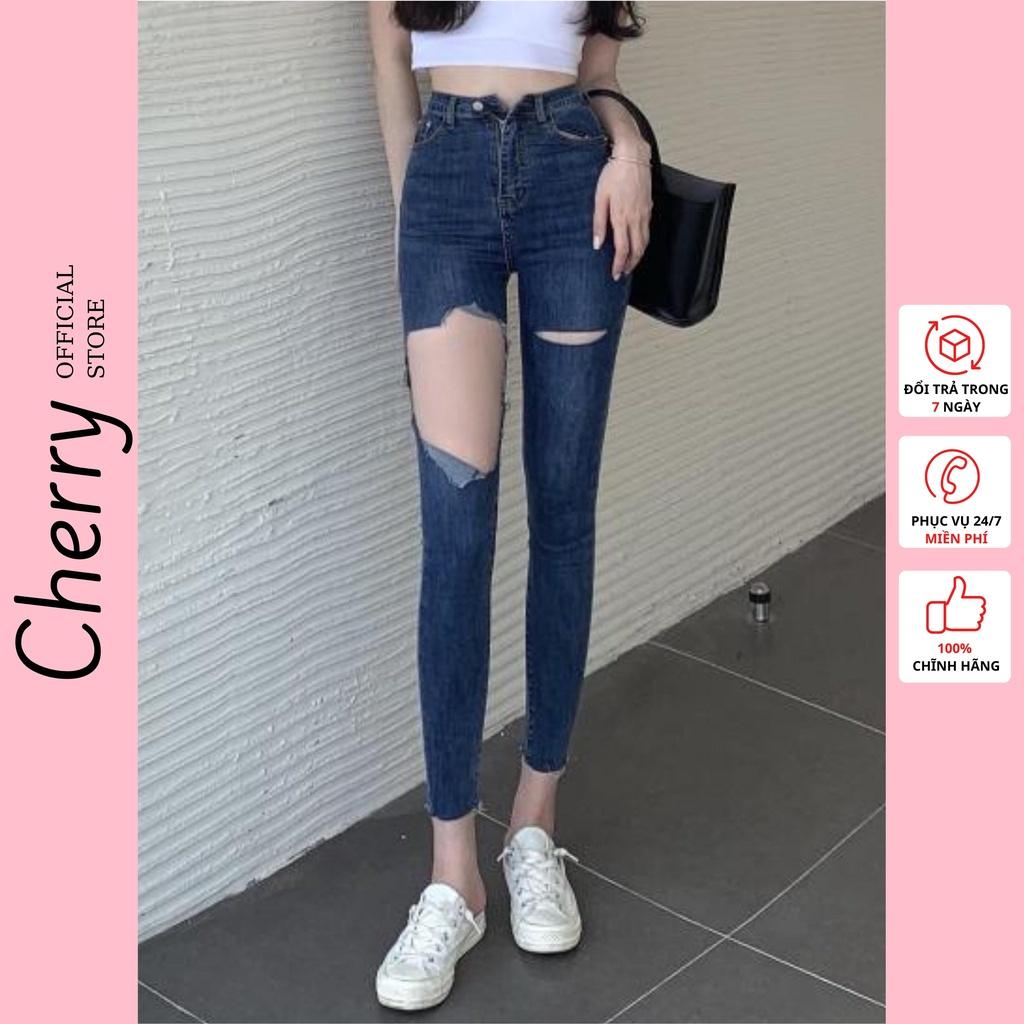 Quần jean nữ lưng cao rách gối co giãn CHERRY, quần bò nữ cạp cao rách gối dáng ôm chất jeans đẹp cao cấp T020