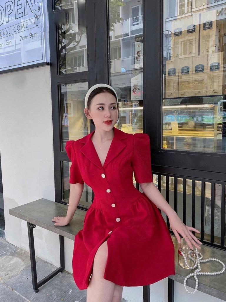 ĐẦM XÒE CỔ VEST PHỐI NÚT TAY PHỒNG 11494