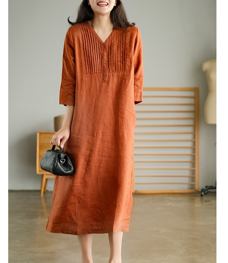 Đầm linen suông nữ thiết kế cổ xẻ xếp li, tay lỡ phong cách thanh lịch Đũi Việt