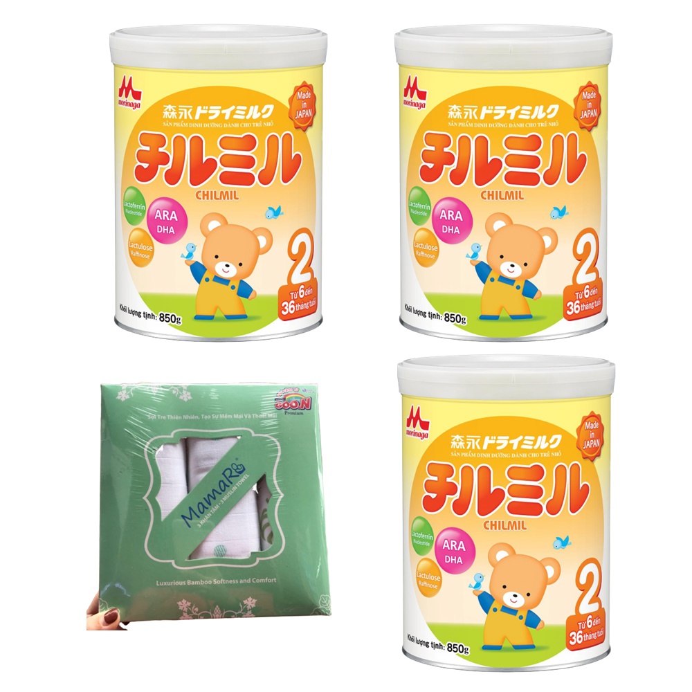 Combo 3 hộp Sữa Morinaga Số 2 - Chilmil (850g) - Tặng set 3 khăn tắm