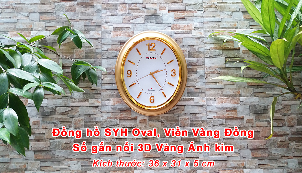 Đồng hồ Treo tường Oval Màu Vàng đồng – Số nổi 3D