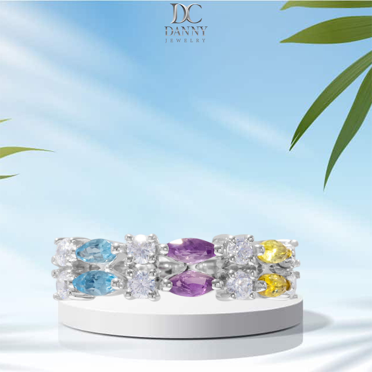 Nhẫn Nữ Danny Jewelry Bạc 925 Xi Rhodium Đính Đá Tourmaline/Amethyst/Lemon Quartz SPLRA964