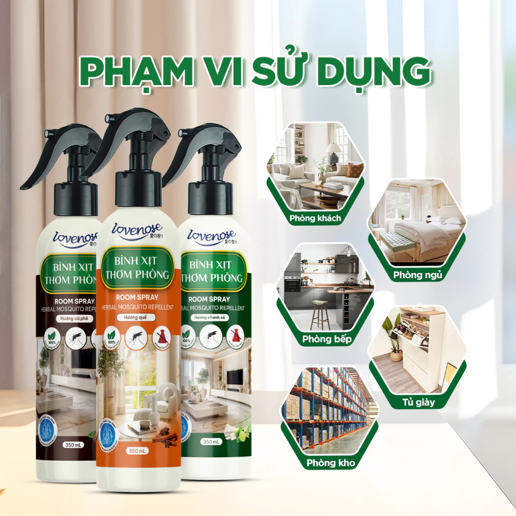 Xịt thơm phòng đuổi muỗi Lovenose đuổi côn trùng chiết xuất từ tinh dầu tự nhiên lành tính, khử mùi phòng 350ml