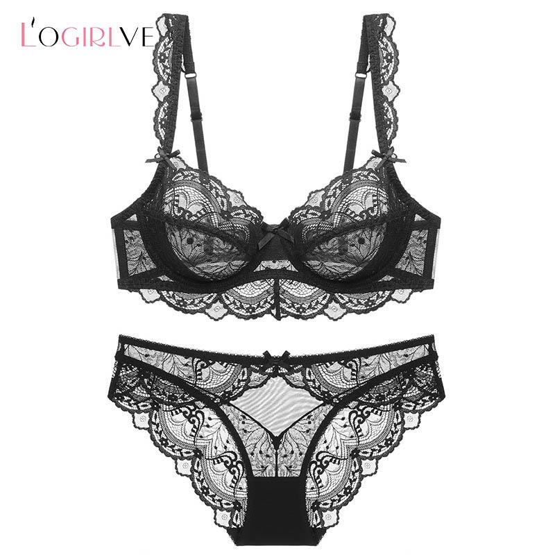 Logirlve Mới Siêu Mỏng Áo Ngực Áo Quần Lót Plus Kích Thước D E Cup Thêu Nữ Lót Ren Trắng Lót Ren Khoét Hở