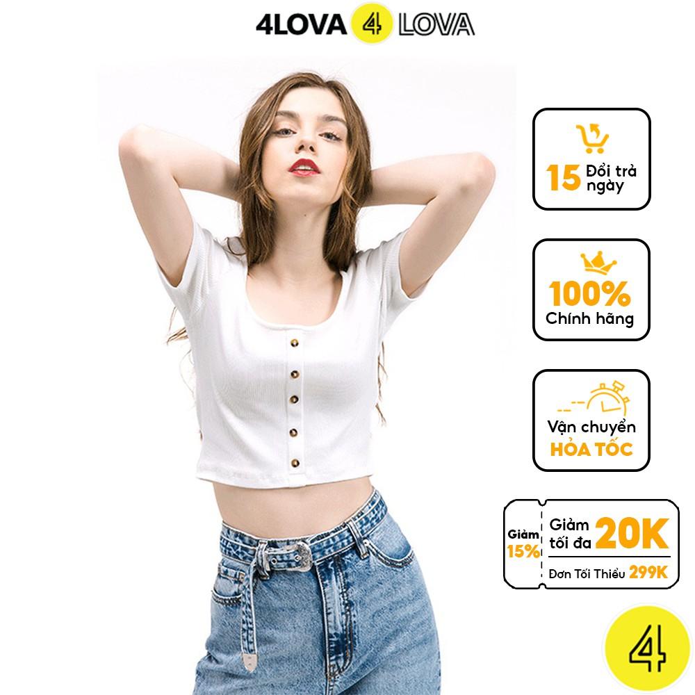 Áo croptop cộc tay 4LOVA cổ vuông phối cúc ngực màu trơn năng động