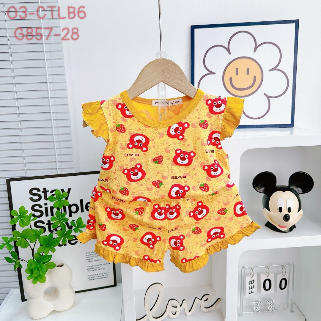 Đồ bộ bé gái, bộ cộc tay mùa hè cho bé gái hình Gấu dâu size 5-16kg chất cotton mềm mịn mát