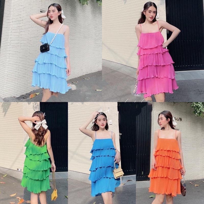 Đầm tầng dập ly 2 dây dáng suông có tang đơ-hình thật. bkfrreship