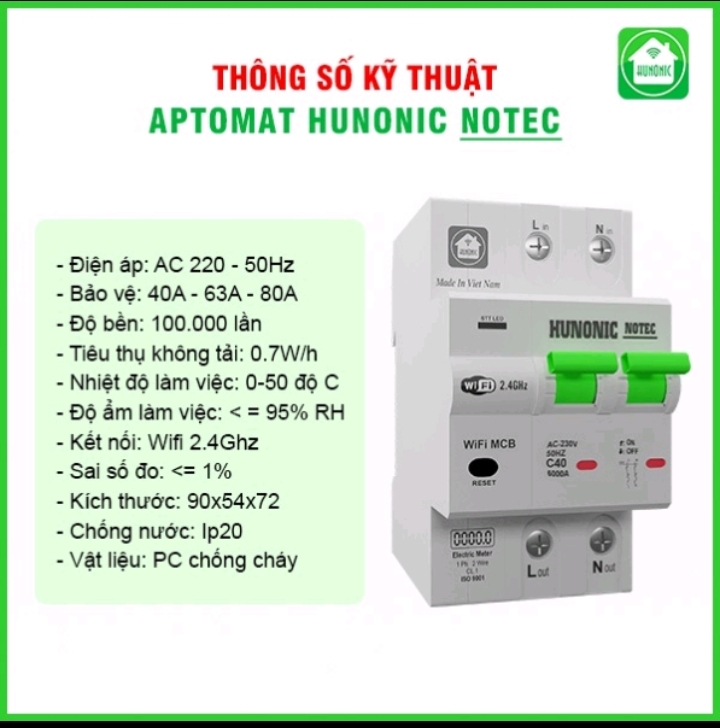 Aptomat 63A/220V Đo Năng Lượng Hunonic Notec Theo Dõi Lượng Điện Tiêu Thụ Điều Khiển Từ Xa Qua Wifi