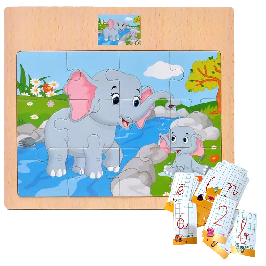 Combo 5 Tranh Ghép Hình 12 Miếng Tặng Kèm Bộ 40 Thẻ Học Giúp Bé Học Chữ Cái Và Số Đếm