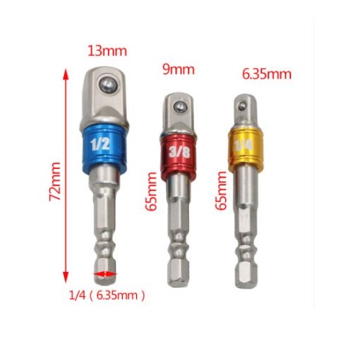 Bộ 3 Đầu Chuyển Đổi Thân Lục Gíac Sang Bulong 1/2, 3/8, 1/4 Inch Cho Máy Khoan