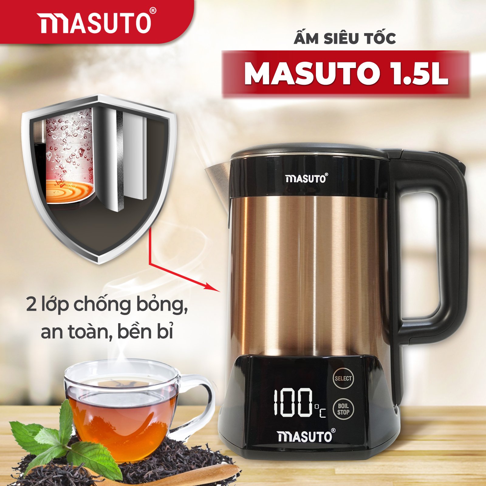 Bình ấm đun nước siêu tốc điện Masuto 1,7L giữ nhiệt tự động 2 lớp chống bỏng công nghệ Nhật Bản 2022-Hàng chính hãng