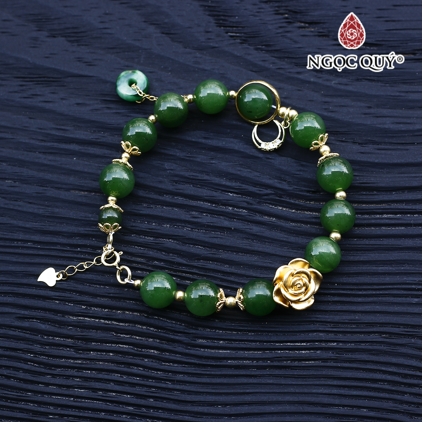 Vòng ngọc bích phối charm hoa bạc mạ vàng mệnh hỏa, thổ - Ngọc Quý Gemstones