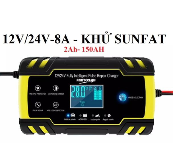 Sạc bình ắc quy 12V-8A,24V-4A FOXSUR từ 4Ah đến 150Ah có khử sunfat phục hồi bảo dưỡng bình, thông minh tự ngắt khi đầy