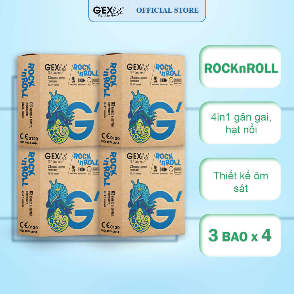 Combo 4 hộp bao cao su G'EXlife RocknRoll gân gai, hạt nổi, ôm sát (3 bao/hộp)