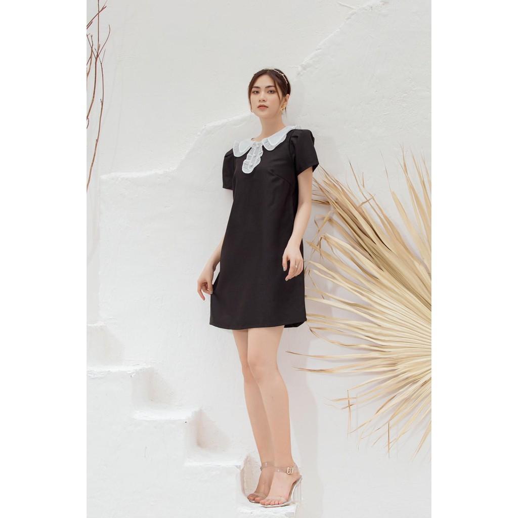 ĐẦM ĐEN ĐỎ PHỐI CỔ BÈO TRẮNG TAY NGẮN DÁNG BABYDOLL-hình thật shop chụp
