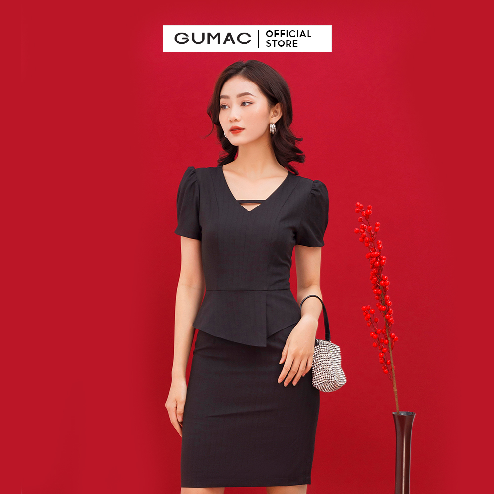 Đầm dáng ôm GUMAC DC01040 body công sở thiết kế cổ V phối bèo