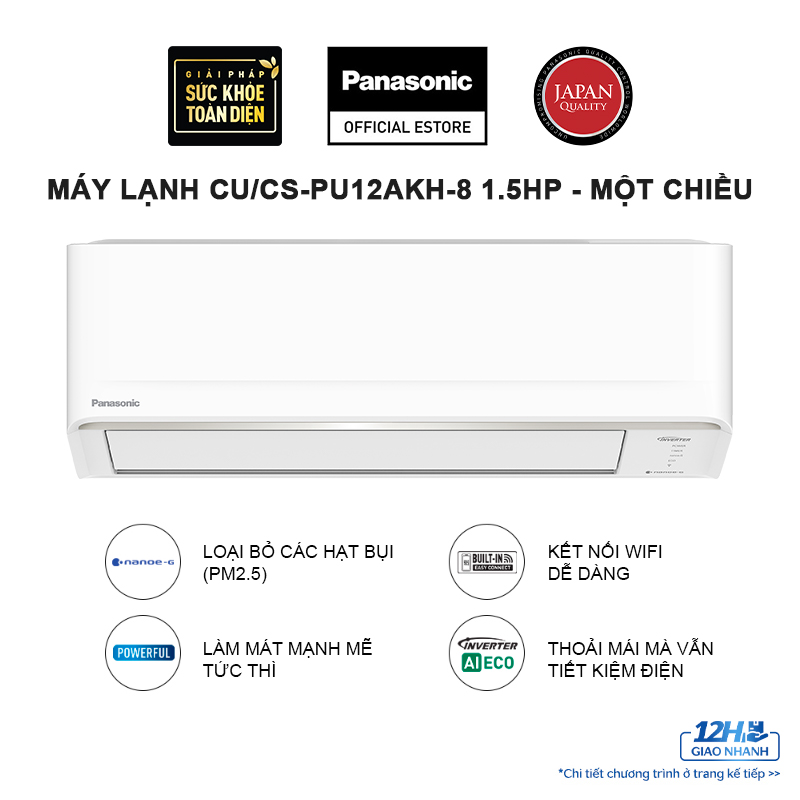 Máy lạnh/ Điều hòa Panasonic Inverter CU/CS-PU12AKH-8 - Công suất 1.5HP - Một chiều - Lọc không khí bụi mịn - Wifi