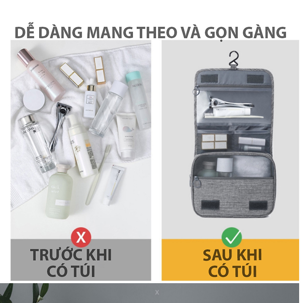 túi đựng đồ trang điểm nhiều ngăn, đựng mỹ phẩm và đồ dùng cá nhân - Màu Đen