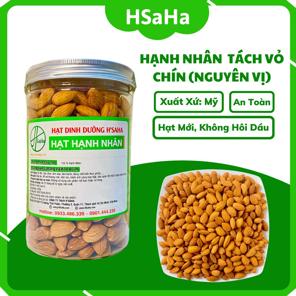 Hạt Hạnh Nhân Rang Mộc HSaHa - Hạnh Nhân Tách Vỏ Mỹ Sấy Chín Nguyên Vị Ăn Liền, Mới, Giòn, Thơm Ngon