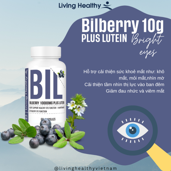 Viên uống Living Healthy Bilberry 10000mg Plus Lutein cải thiện thị lực (Hộp 60 viên)