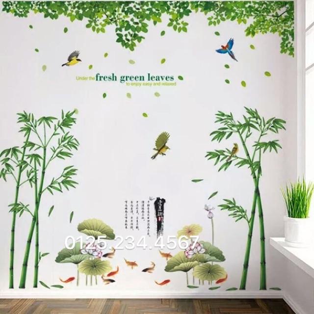 Decal dán tường Combo 3 tranh tre tranh + cá và hoa sen + tán lá xanh To nhất