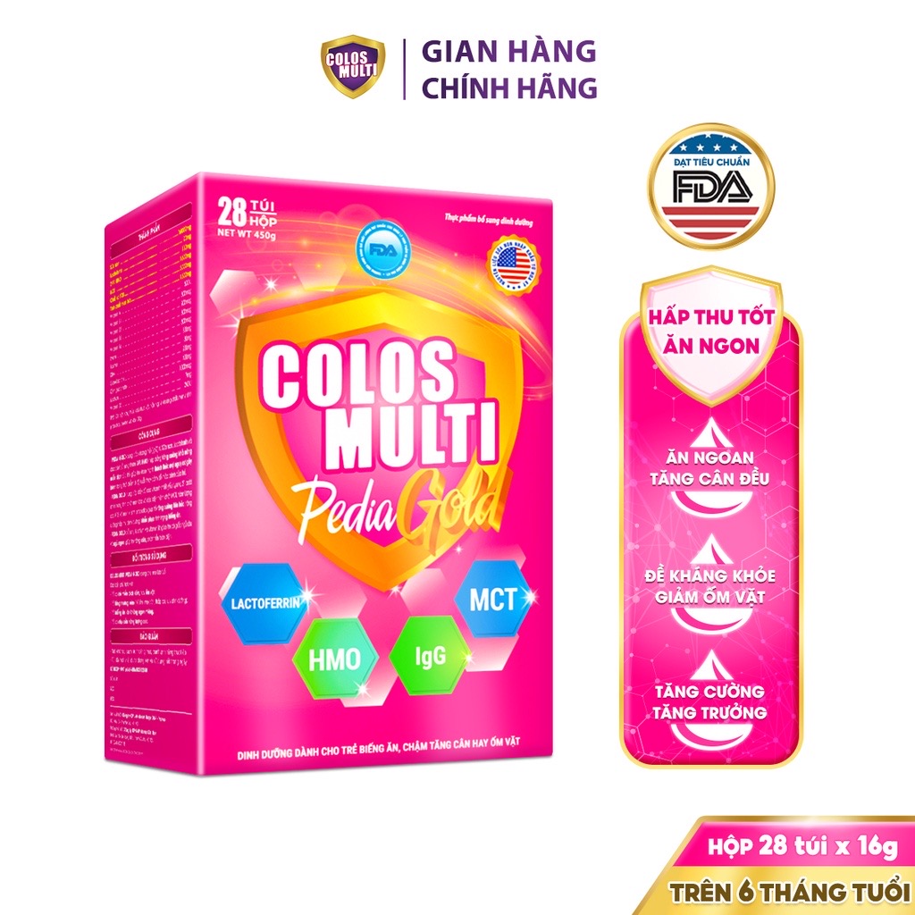 ￼ Sữa Non Colos Multi Pedia Gold hộp 28 gói x 16g chuyên biệt hỗ trợ giúp bé ăn ngon và tăng cân đều