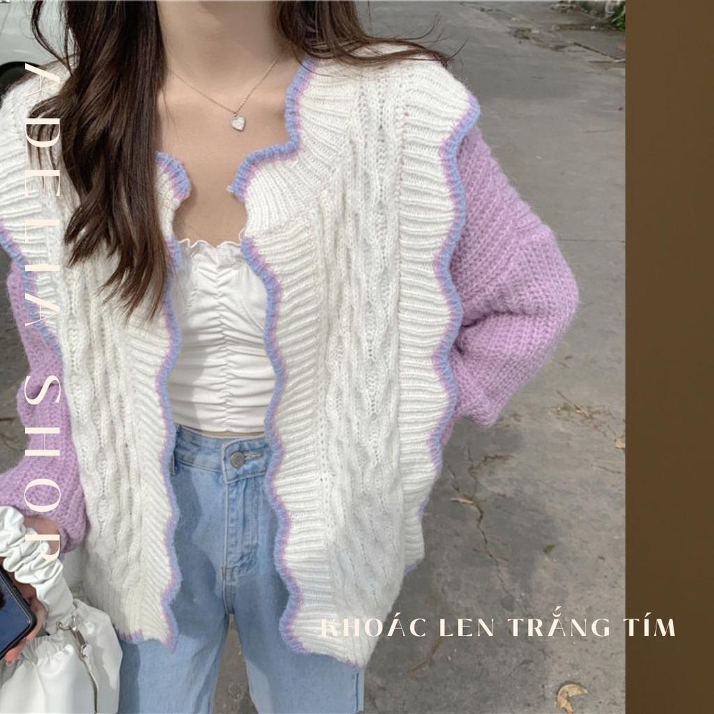 Cardigan Len | Áo Khoác Cardigan Len Nữ Dệt Kim Dày Dặn Phối Trắng Tím Viền Lượn Sóng Ulzzang Hàn Quốc