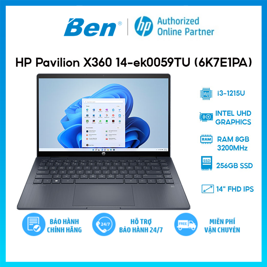 Laptop HP Pavilion X360 14-ek0059TU (6K7E1PA) (i3-1215U | 8GB | 256GB | Intel UHD Graphics | 14' FHD Touch | Win 11) Hàng chính hãng