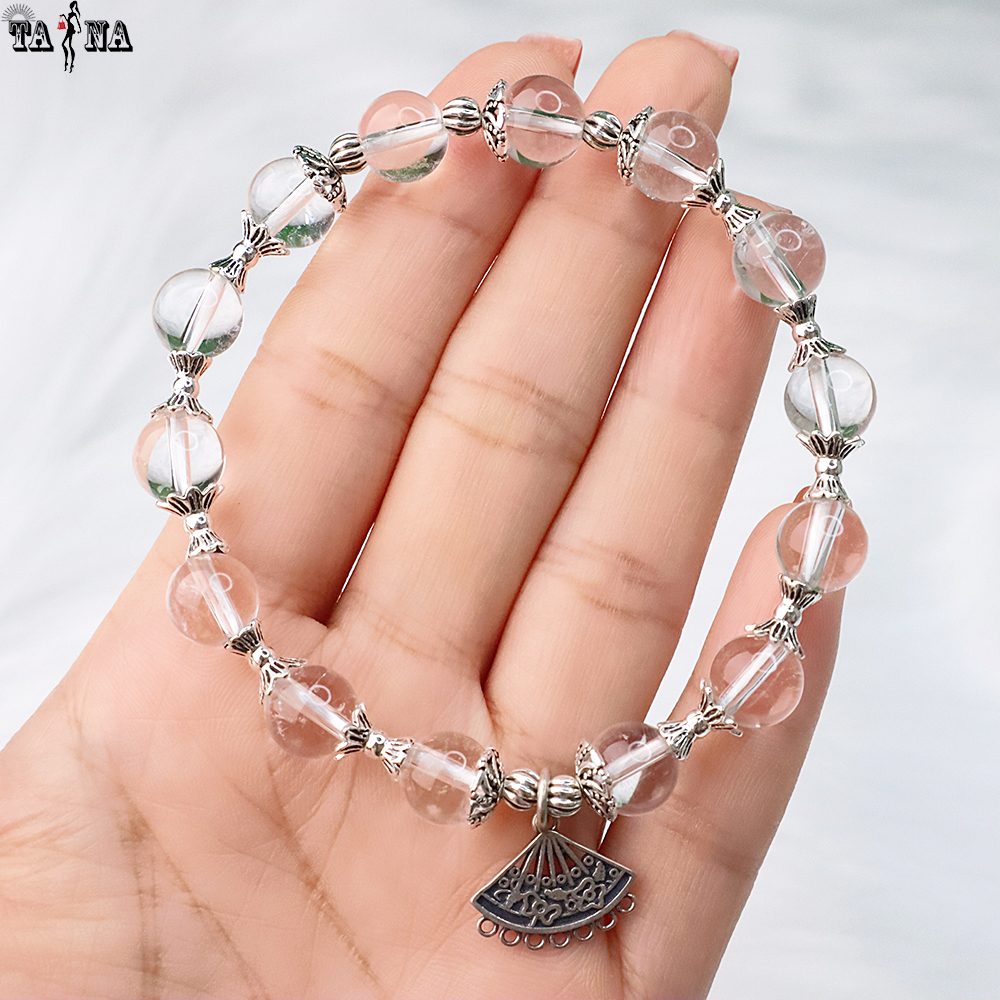 Vòng đá thạch anh trắng mix charm bạc 925 cao cấp