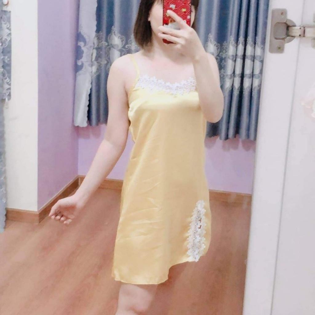 Đầm ngủ 2 dây sexy gợi cảm bigsize, váy ngủ nữ lụa satin phối ren mặc mát thoải mái