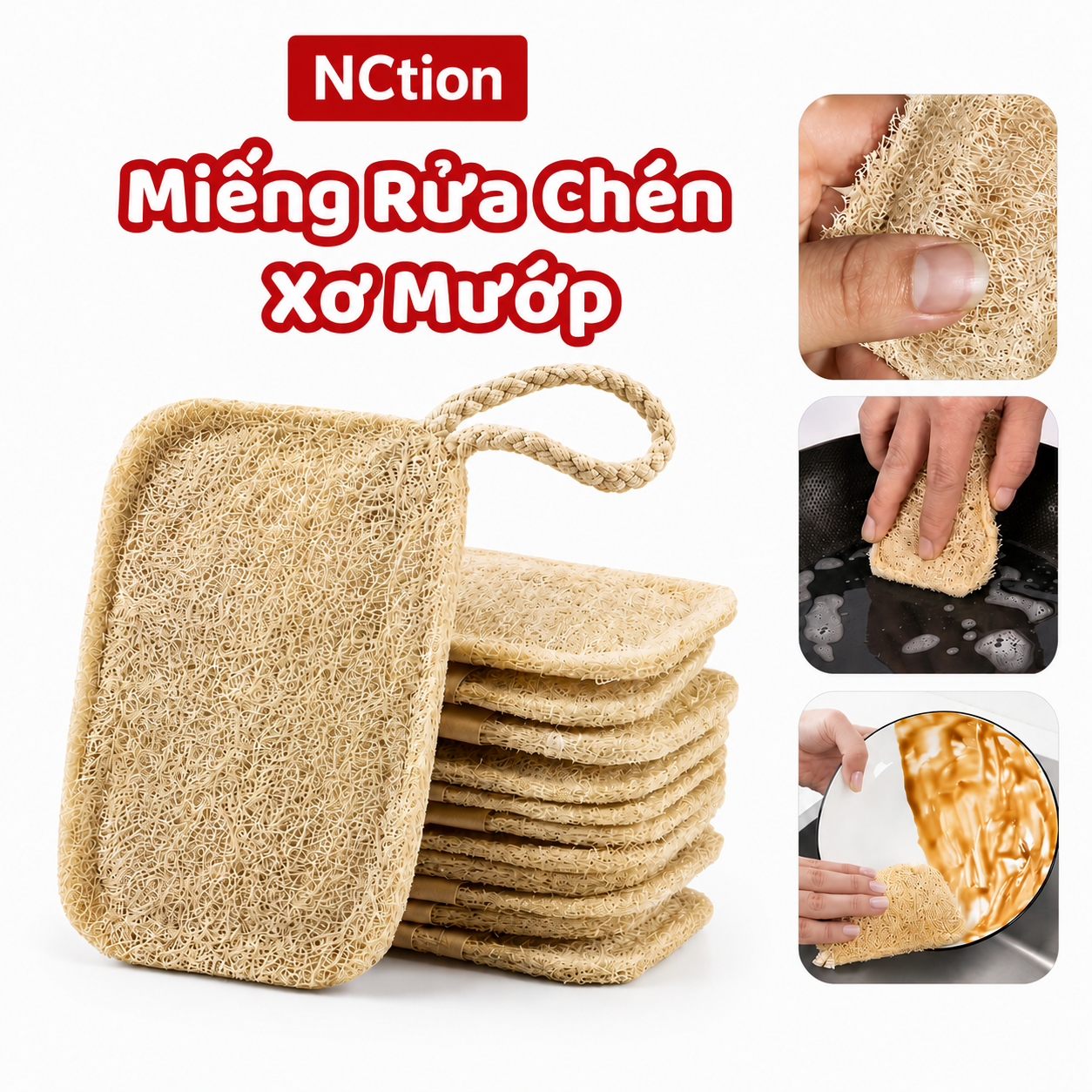 COMBO 5 Miếng Rửa Chén Bát Xơ Mướp, Sơ Mướp Khô Rửa Bát, Chà Xoong Nồi, Mút Rửa Chén