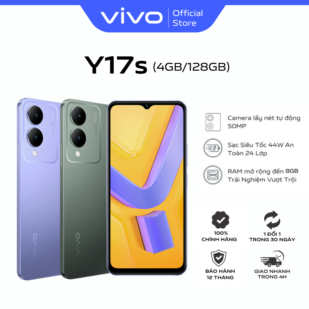 Điện thoại vivo Y17s - Hàng chính hãng - Camera 50MP - Pin 5000 mAh - Sạc nhanh- RAM mở rộng đến 8GB