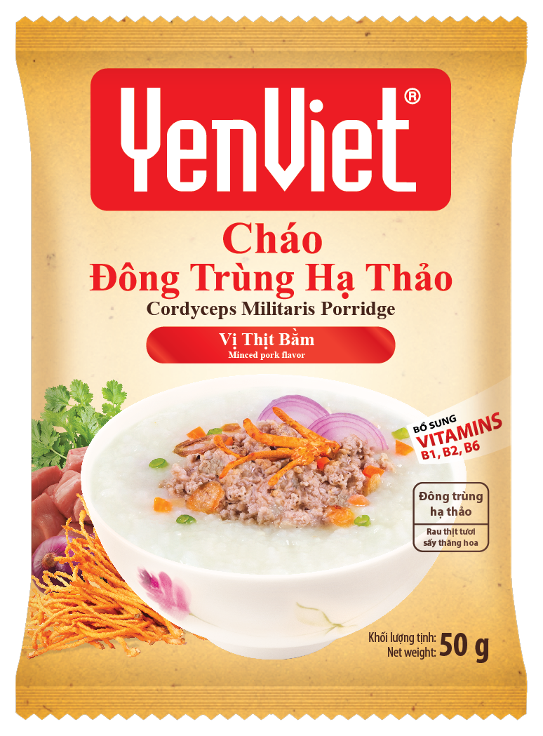 Yến Việt - Cháo đông trùng hạ thảo vị thịt bằm, bổ sung vitamin B, không bột ngọt, chất bảo quản thùng 30 gói x 50g