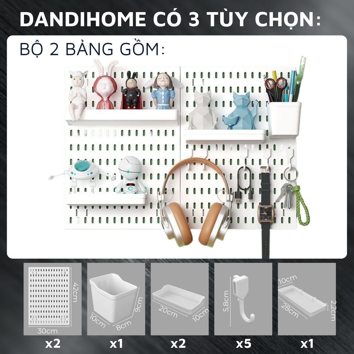 Kệ giá bảng treo tường DandiHome trang trí pegboard để đồ decor bàn học, phòng bếp, nhà tắm, đã kèm đầy đủ phụ kiện, dán tường không cần khoan đục