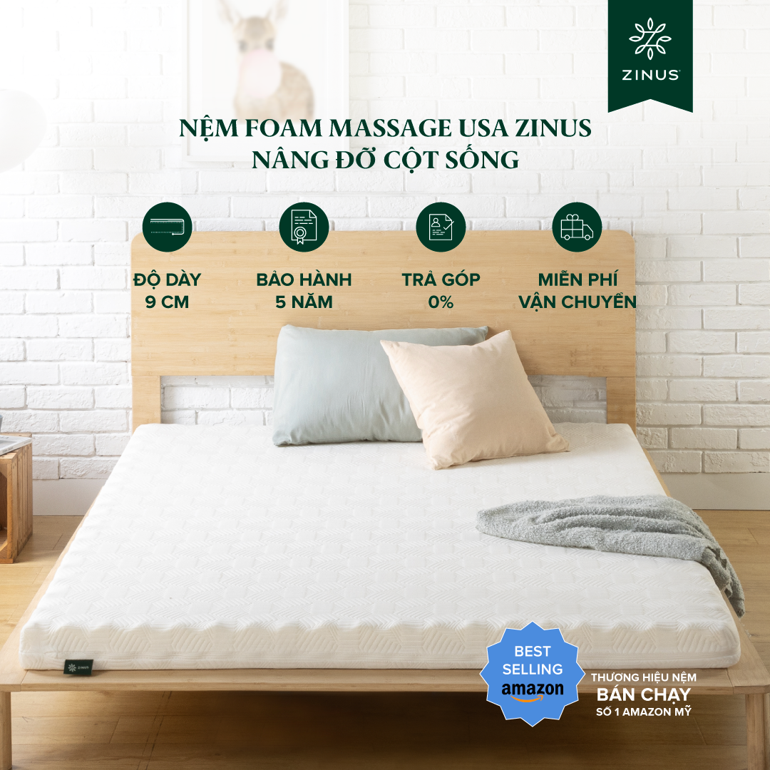 Nệm Foam Massage USA Zinus 9cm - Nâng Đỡ Cột Sống, Giảm Nhức Mỏi Toàn Thân &amp; Thoáng Khí