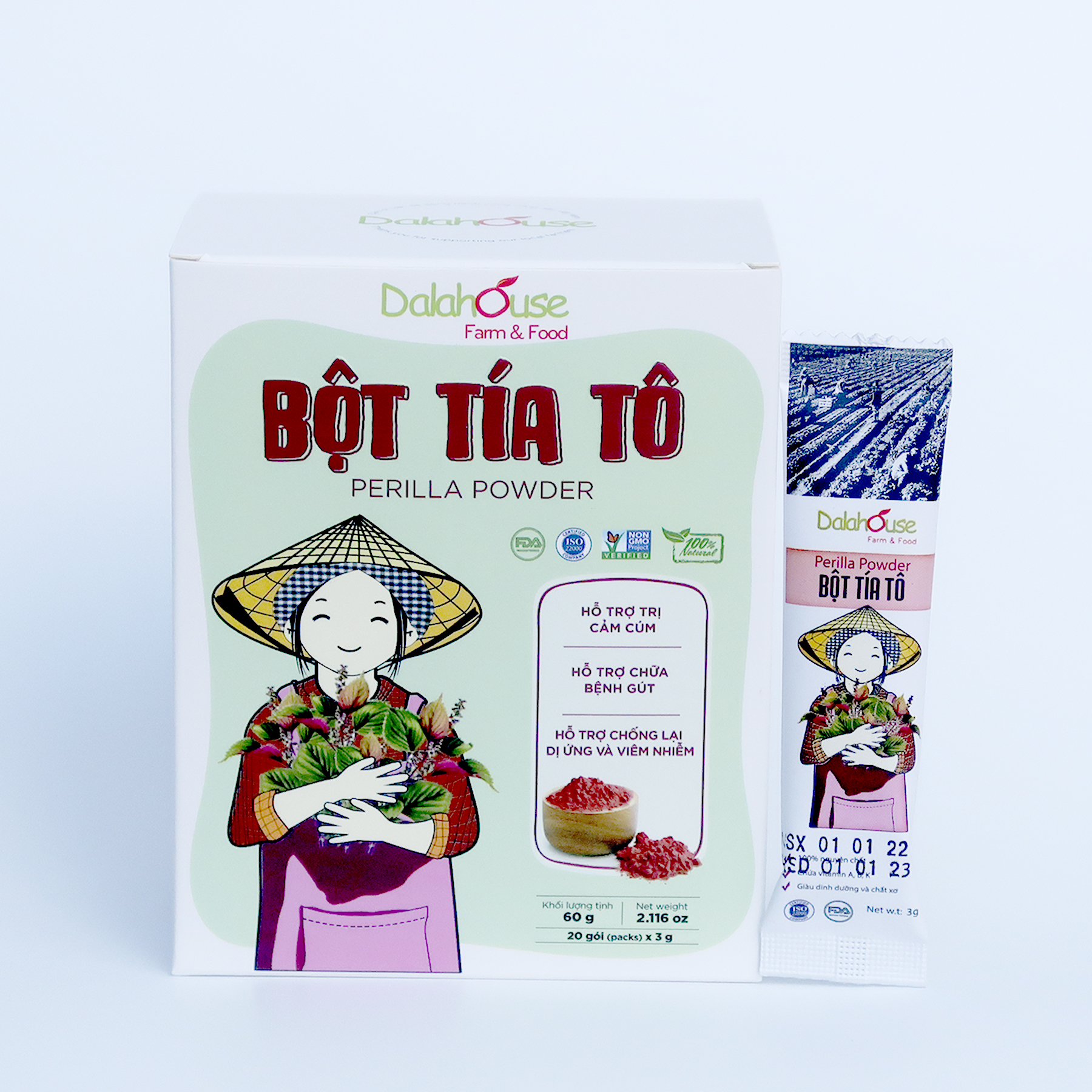 Bột Tía Tô Dalahouse 60gr (mẫu mới 20 tuýp nhỏ)- Hữu cơ nguyên chất sấy lạnh - Bổ phế phổi, An thai, Cảm, Ho, GUT - Đạt tiêu chuẩn Châu Âu