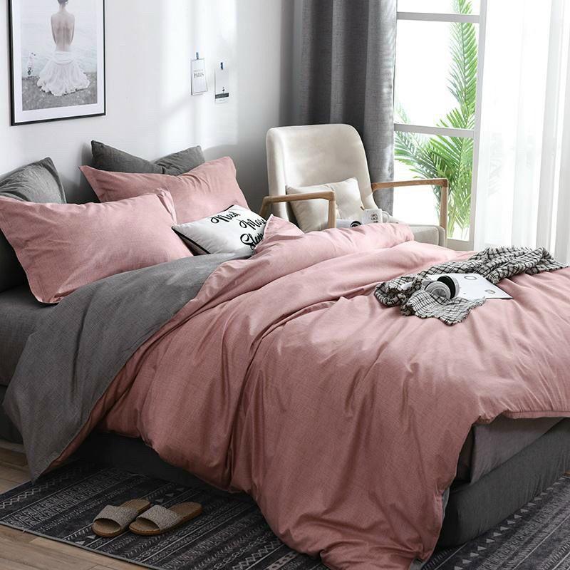 Bộ chăn ga Coton Poly xước hồng ga ghi mẫu mới - Hàng nhập khẩu
