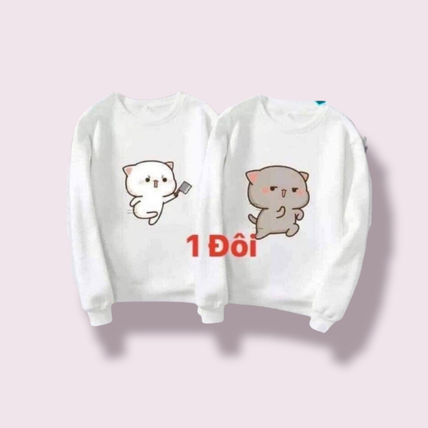 Áo Đôi Sweater Nam Nữ MM10, Áo Đôi Sweater In Mèo Chém ý Nghĩa, Vải Nỉ Bông In Hình Dễ Thương