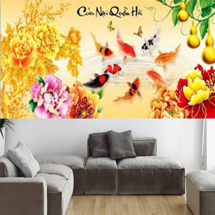 Tranh thêu cửu ngư quần hội hoa mẫu đơn 222997 - kích thước: 100 * 46cm.
