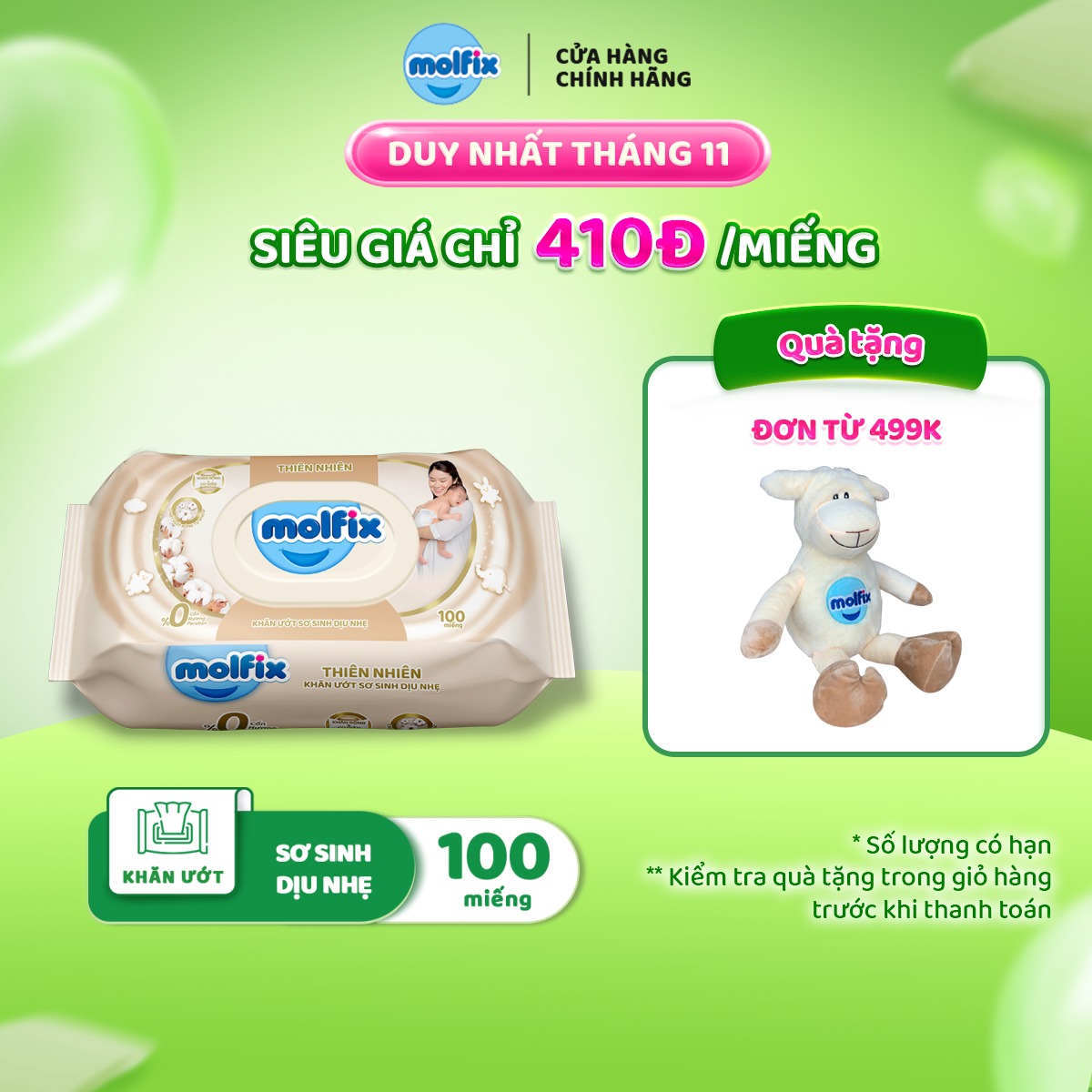Khăn ướt Molfix Thiên nhiên Sơ Sinh Dịu Nhẹ - Gói 100 miếng