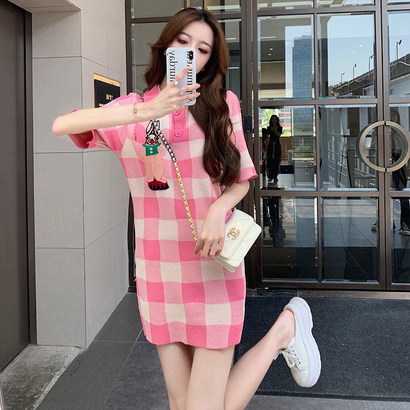 SHUANGYAN polo cổ màu hồng kẻ sọc dệt kim đầm mùa hè 2023 nhỏ lỏng lẻo thời trang ngọt ngào giảm tuổi váy