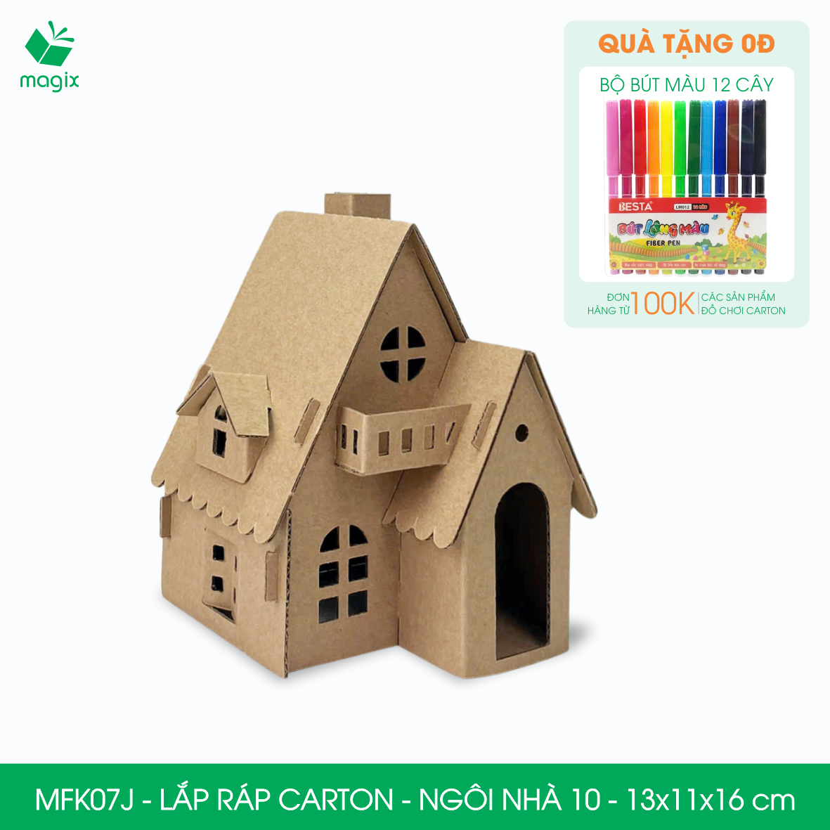 MFK07J - 13x11x16 cm - Mô hình ngôi nhà lắp ráp từ bìa carton cao cấp, nhà giấy carton mini sáng tạo
